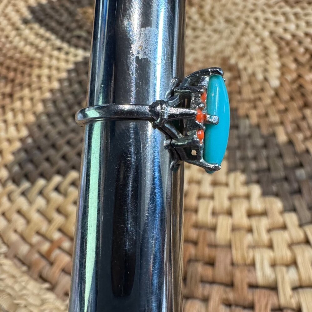 Vintage Silver Ring With Turquoise & Coral Gemstones Size 6 - 18KHGE Marked - Picture 7 of 9